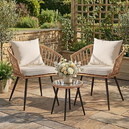 3 Piece Patio Bistro Set, Outdoor Wicker Apartment Balcony Furniture Set, All-Weather Rattan Patio Conversation Set for Backyard, Balcony and Porch with Soft Cushions, Tempered Glass Side Table(Beige)