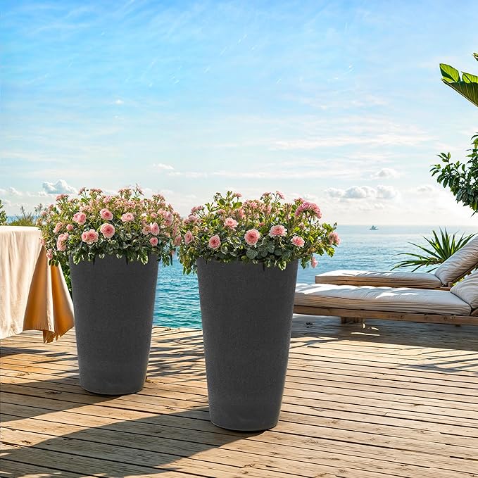 24" Resin Planters Set of 2 Outdoor Large Plant Pot Tall Flower Pots for Indoor Plants Garden Pot w/Drainage Hole Obsidian Leather Planter for Porch, Patio, Deck Living Room Home Decor