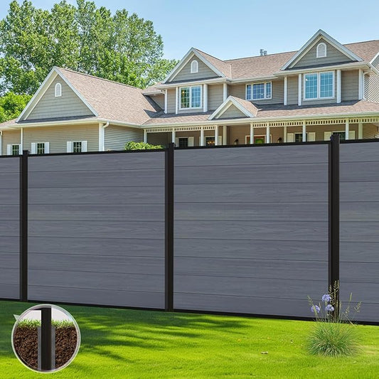 6 Feet×6 Feet Privacy Fence, Outdoor Wood Plastic Composite Fence Panel, Waterproof Security Barriers Fencing (Gray with Two 7.6FT Posts)