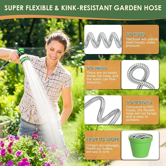 FlexiSolve Stainless Steel Garden Hose 25 ft - Heavy Duty Durable Metal Water Hose, Kink Resistant, Lightweight, Flexible, Rust Proof, UV Resistant - Ideal for Yard, Lawn, Plant Watering & Car Washing