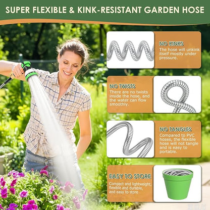 FlexiSolve Stainless Steel Garden Hose 25 ft - Heavy Duty Durable Metal Water Hose, Kink Resistant, Lightweight, Flexible, Rust Proof, UV Resistant - Ideal for Yard, Lawn, Plant Watering & Car Washing