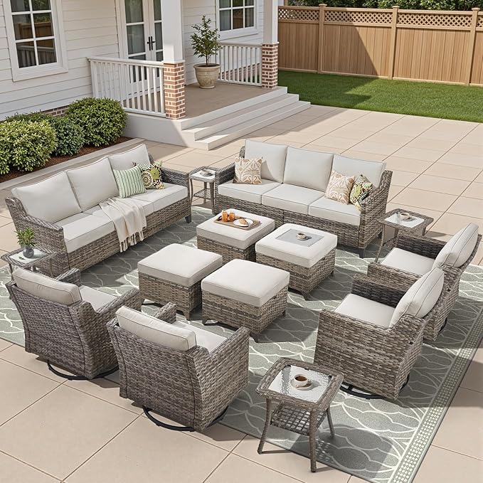 14 Piece Patio Furniture Set-High Back Outdoor Furniture Set Sectional Sofa with Wicker Swivel Patio Chairs,Comfy Cushions Ottomans for Porch Balcony Patio Deck Grey/Beige