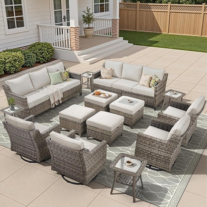 14 Piece Patio Furniture Set-High Back Outdoor Furniture Set Sectional Sofa with Wicker Swivel Patio Chairs,Comfy Cushions Ottomans for Porch Balcony Patio Deck Grey/Beige