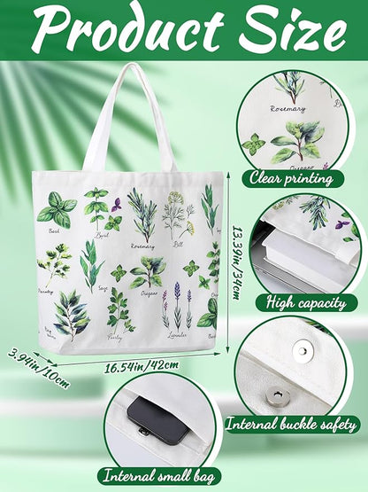 Bencailor 2 Pcs Spring Flower Canvas Tote Bags Reusable Wildflowers Herbs Plant Grocery Bags for Women Shopping Spring Gifts(Herbs)