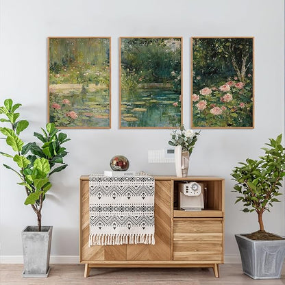 FWIEXA Monet Framed Canvas Wall Art Set, Impressionist Floral Garden Wall Decor, 3 Piece Claude Monet Botanical Artwork, 16x24 Inches Nature Landscape Prints for Living Room, Bedroom