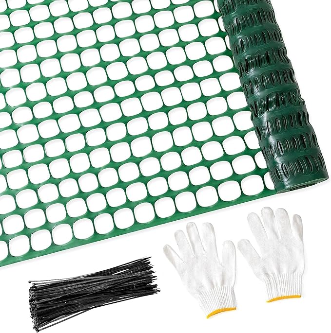 PotatoLife Plastic Mesh Fence Safety Fence, 4'x100' Roll with 100 Zip Ties, Resuable Temporary Netting for Garden Fencing, Construction, Snow Fencing, Animal Barrier, Poultry, Deer, Patio, Green