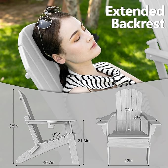 Plawdlik Folding Adirondack Chair, SGS Tested, Wooden Textured with Cup Holder, Heavy All-Weather HDPE Comfortable Set Poolside Backyard Lawn White
