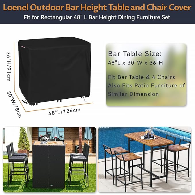 Outdoor Bar Height Table and Chair Cover, Heavy Duty 600D Waterproof Patio Bar Set Cover for Rectangular 48" Long Bar Height Dining Furniture Set - 48"L x 30"W x 36"H