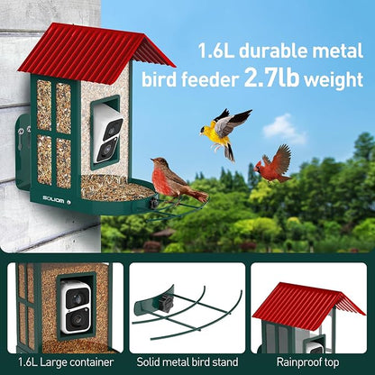SOLIOM Solar Bird Feeder with Camera for Outdoors - Durable Metal AI Smart Birdhouse, 2K Live View & Instant Alerts, Squirrel Proof - Ideal Bird Watching Gift (Red)