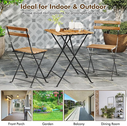 Giantex 3-Piece Acacia Wood Bistro Set, Patio Bistro Table with 2 Folding Chairs, Slatted Seat & Tabletop, Metal Frame, Outdoor Furniture Set for Backyard, Porch, Garden, Poolside (Black + Brown)