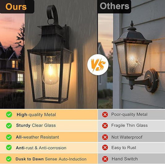 𝟏𝟔 𝐈𝐍𝐂𝐇 Outdoor Wall Light Fixtures, Dusk to Dawn Outdoor Lighting Wall Mount with E26 Sockets & Clear Glass Shades, Waterproof Exterior Black Porch Lights for Front Door Garage Patio