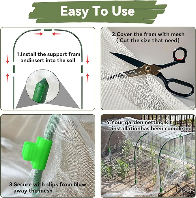 Garden Mesh Netting Kit for Raised Beds, 8 * 26FT Ultra Fine Plant Netting Covers with 6 Pcs Wide Garden Hoops & 12 Clips, Row Cover Net Protect Greenhouse Fruit Vegetable Flowers from Birds Bugs