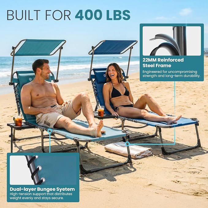 FUNDANGO 400lbs Heavy Duty Tanning Chair with Face Hole & Canopy, Cyan | Face Hole & Canopy, 400lbs Capacity, Side Table, 5-Position Sun Lounger, Anti-Pinch Safety Lock