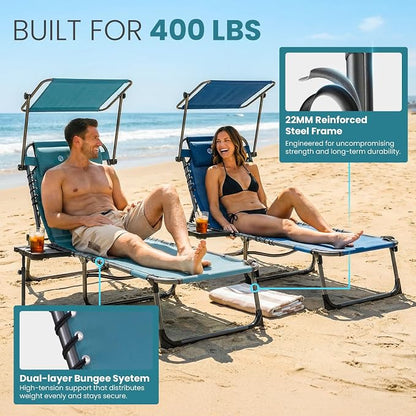 FUNDANGO 400lbs Heavy Duty Tanning Chair with Face Hole & Canopy, Cyan | Face Hole & Canopy, 400lbs Capacity, Side Table, 5-Position Sun Lounger, Anti-Pinch Safety Lock