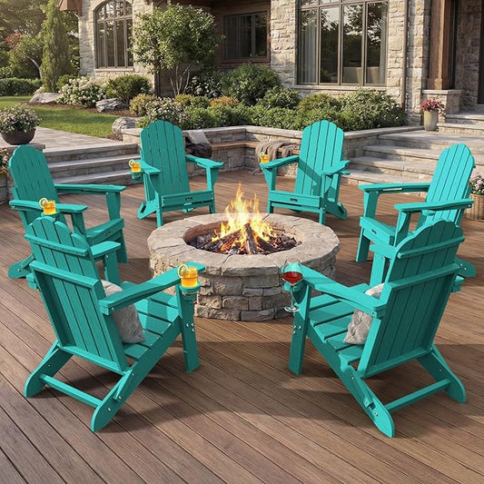Adirondack Chairs Set of 6, Fire Pit Chairs, Wood Texture Patio Chairs with 2 Cup Holder, Outdoor Lawn Chair, Lakeblue