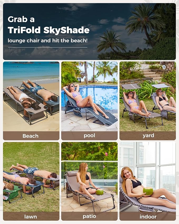 KingCamp 2 Pack Tanning Chair with Face Hole, Lounge Chairs Outdoor Folding Portable Comfy Adjustable 5-Position Foldable Chaise Chaser with Canopy Shade for Outside Beach Patio Sun Bathing, Beige