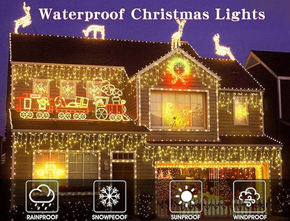 Warm White Christmas Icicle String Lights - 65.6 FT with 120 Drops, 8 Light Modes for Outdoor Decorations - Wedding, Party and More