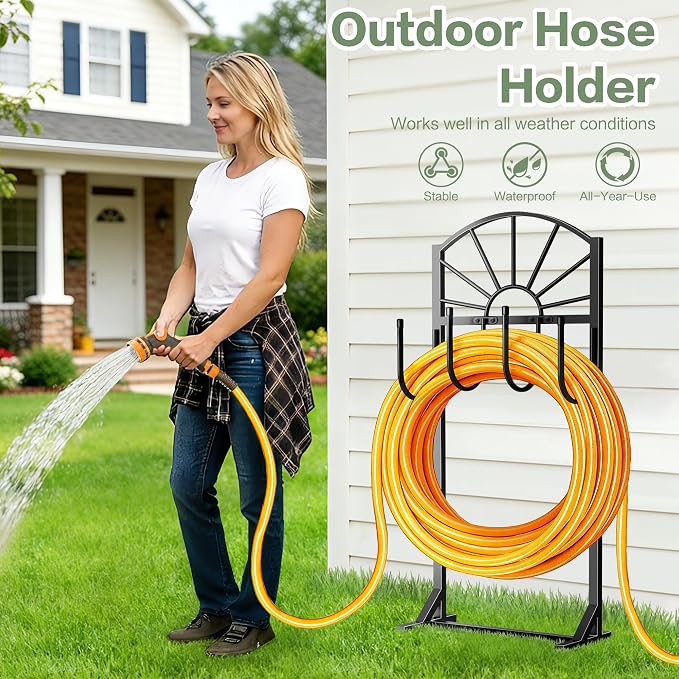 Garden Hose Holder, Upgraded Metal Water Hose Holder with 4 Hooks, Freestanding Heavy Duty Hose Hanger Stand Holds 150 FT Hoses, Detachable Hose Storage Rack for Outside Yard Lawn Farm (Black, Sun)