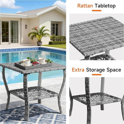 DECMICO 3-Piece Rattan Rocking Chair Set, PE Patio Bistro Furniture with Cushions & Coffee Table for Garden Backyard Porch, Dark Grey
