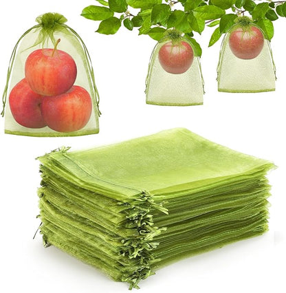 DECYOOL 120 PCS Fruit Protection Bags 6 x 8 inch, Green Fruit Bags for Fruit Trees Fruit Netting Cover Drawstring Mesh Bags Suit for Mangoes Tomatoes Fruit Trees Veggies Garden