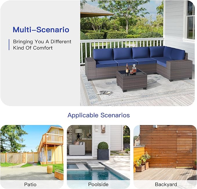 6PCS Outdoor Patio Furniture Set,PE Rattan Wicker Patio Conversation Set with Washable Cushions & Glass Coffee Table,Patio Sectional Furniture Set for Garden, Poolside, Backyard,Navy