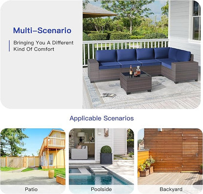 6PCS Outdoor Patio Furniture Set,PE Rattan Wicker Patio Conversation Set with Washable Cushions & Glass Coffee Table,Patio Sectional Furniture Set for Garden, Poolside, Backyard,Navy