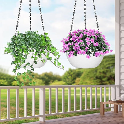 13 inch Hanging Planters for Indoor Outdoor Plants, 2 Pack Hanging Pots with Drainage Holes and Chain, Plastic Hanging Plant Pots for Garden Home Decor, White