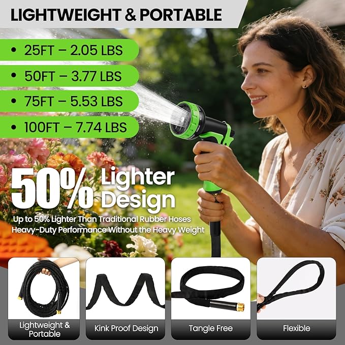 50FT Non-Expandable Garden Hose Lightweight Flexible Water Hose With Sprayer Nozzle High Pressure Kink Resistant & Leakproof Durable Portable For Yard Garden Lawn