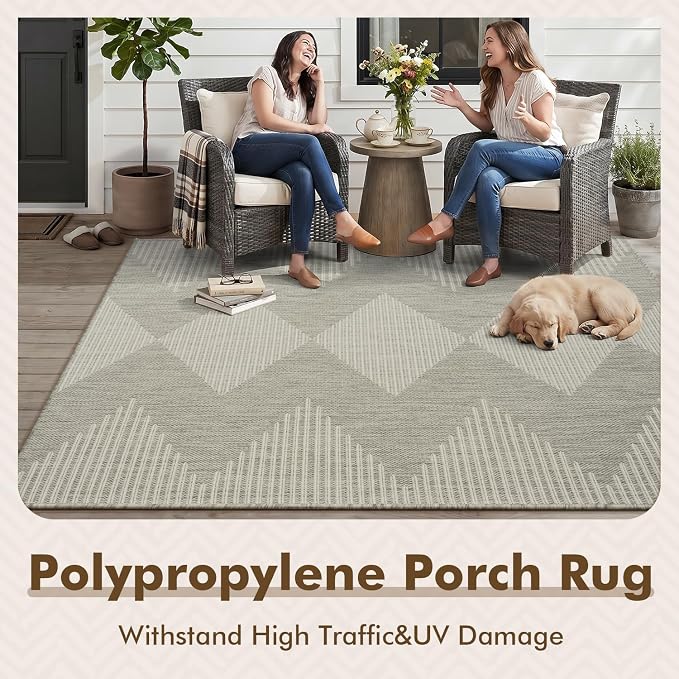 MontVoo-3x5 Outdoor Rug Porch Entryway Rug-Polypropylene Indoor Outdoor Rugs for Entryway Kitchen Balcony Patio, Textured Weave, Durable, Fade-Resistant, Non-Shedding, Boho Geometric Neutral Grey