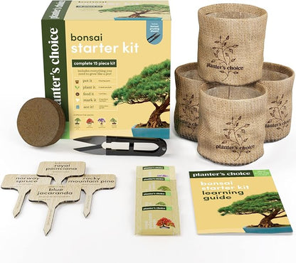 Planter's Choice Bonsai Tree Kit for Beginners & Plant Lovers - Grow Your Own Bonsai from Seed, 4 Species Starter Kit with Burlap Pots, Shears, Soil Disc, Markers & Guide, Gift for Mom or Grandma