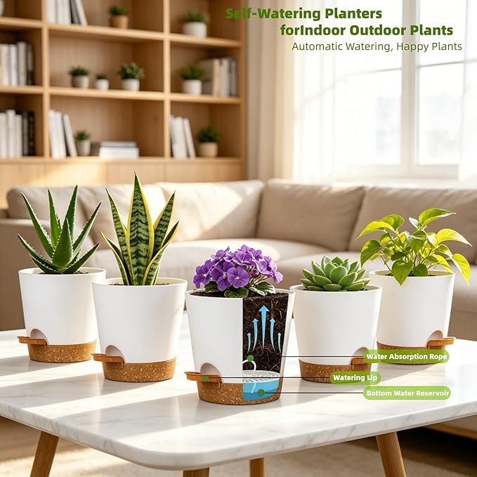 5 Pack 5 Inch African Violet Pots Self Watering, Self-Watering Planters with Drainage Holes & Reservoir, White Brown Plastic Pots for Indoor Outdoor Plants, Succulents & Flowers