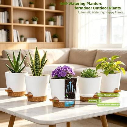 5 Pack 5 Inch African Violet Pots Self Watering, Self-Watering Planters with Drainage Holes & Reservoir, White Brown Plastic Pots for Indoor Outdoor Plants, Succulents & Flowers