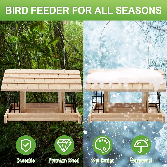 Wooden Bird Feeder for Outdoors Hanging Mount Large Capacity, Pine Garden Roof Feeder with 2 Suet Cages, Cardinal Bluebird Birdfeeder for Garden Decoration Yard, Weatherproof Durable