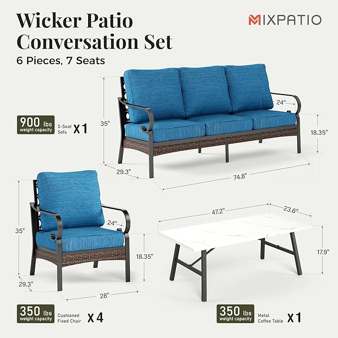 Patio Furniture Set with Firepit Table, Black Frame Outdoor Conversation Set with 4 x Fixed Chairs, 1 x 3-Seat Sofa for Lawn Garden Backyard, Pacific Blue
