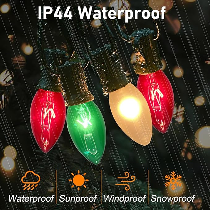 25Ft C9 Christmas Multicolor String Lights, Vintage Christmas Lights with 27 C9 Clear Red/Green/Frosted White Bulbs, Outdoor Hanging Patio Lights for Xmas Tree Path Roofline Wedding Party Decoration