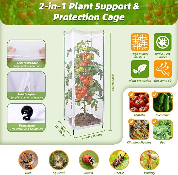 3 Pack Square Tomato Cages with 3 Plant Covers, 47 Inch Tall Cages for Tomato, Tomato Trellis with Bird Netting, Vertical Garden Trellis for Climbing Plants Vegetables in Outdoor