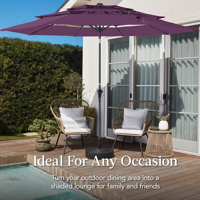 Best Choice Products 10ft 3-Tier Market Patio Umbrella, Outdoor Sun Shade with Tilt, Crank Lift, 8 Ribs for Backyard, Deck, Poolside – Amethyst Purple