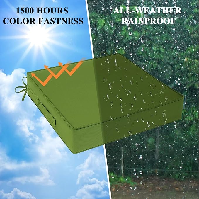 Outdoor Chair Cushions 24x24x4 Inch, Waterproof Green Patio Furniture Cushions Set of 2 with Ties & Handle, 3 Year Color Fastness Square Replacement Seat Cushions for Sofa, Couch