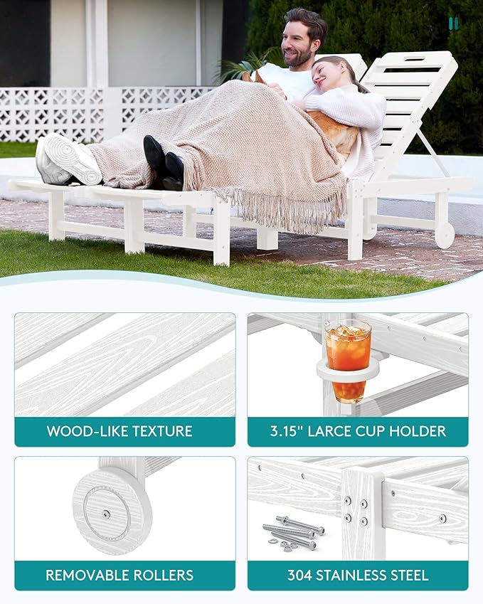 SERWALL Patio Chaise Lounge, 78" Length Outdoor Lounge Chair with 5 Positions Adjustable Backrest, HDPE Lounge Chair with Rolling Wheels & Cup Holder for Poolside, Beach, Garden, White