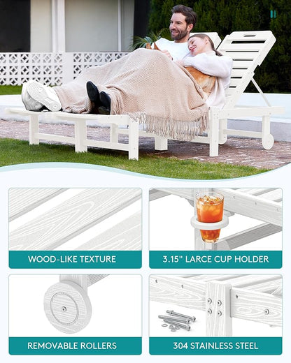 SERWALL Patio Chaise Lounge, 78" Length Outdoor Lounge Chair with 5 Positions Adjustable Backrest, HDPE Lounge Chair with Rolling Wheels & Cup Holder for Poolside, Beach, Garden, White