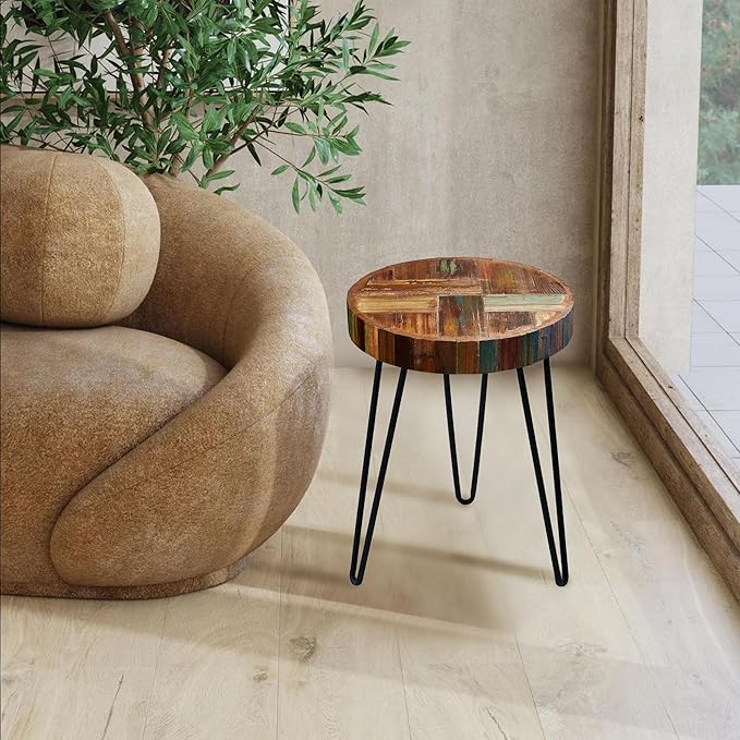 Wood Multi Color Side Table 16" x 16" x 21.5" H Farmhouse Reclaimed Wooden Coffee Tables Round Vintage Accent Rustic Plant Stand Outdoor Patio End Tables for Living Room Bedroom