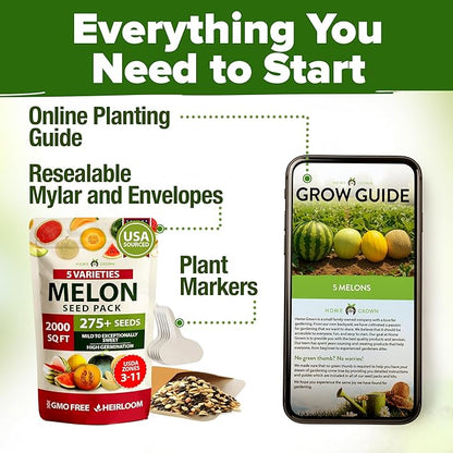 HOME GROWN Melon Seeds Variety Pack 5 Heirloom Vegetable Seeds, Watermelon Cantaloupe Honeydew Sugar Baby & Melon, High Germination for Planting Home Garden Indoors