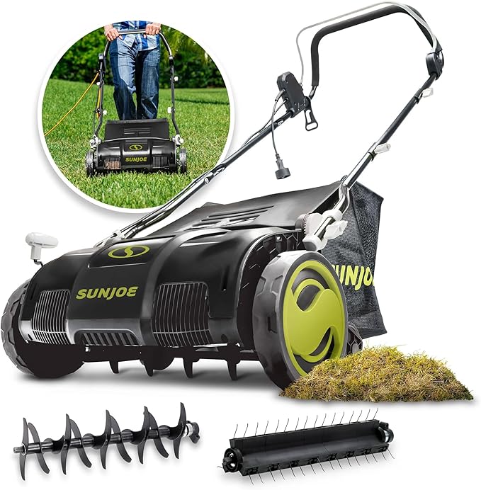 Sun Joe 15-Inch Electric Powered Lawn Dethatcher with Scarifier Blade Reel and Collection Bag - 13-Amp Corded Yard Power Rake Tool Machine for Grass Thatch Removal, AJ805E