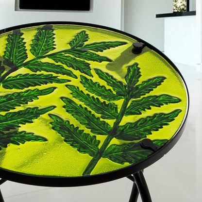 Subtropical Leaf Small Patio Table,Outdoor Side Table,Outdoor Bar Table,Metal Glass End Table for Porch Garden Yard Pool Living Room Valentine Decor，10 Inch Side, Valentine Decorations Gift
