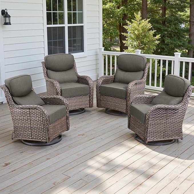Rilyson 4 Piece Outdoor Patio Swivel Rocker Chairs, Waterproof Wicker, High Back, Deep Seating, Wide Armrest, Upgraded 6 inch Thick Cushions, Ideal for Deck Porch Backyard, Brown/Grey