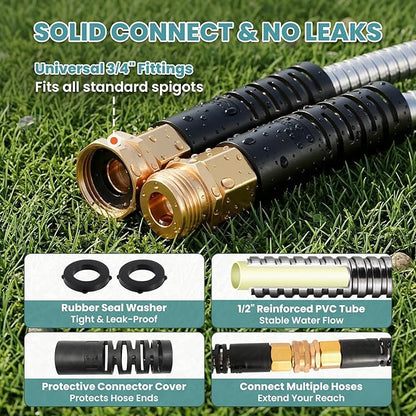 Cesun 25 ft Metal Garden Hose, Stainless Steel Heavy Duty Water Hose With 10 Function Nozzle, No Kink & Flexible, Lightweight and Durable, Rust Proof for Yard, RV, Pet Bath, Outdoor, 25 foot x 5/8"