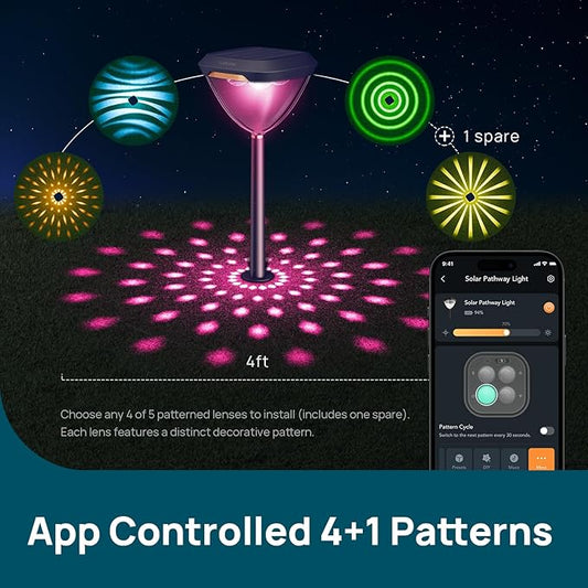 Linkind Smart Solar Pathway Lights SP6, in-App Pattern Switching Solar Lights Outdoor Waterproof, Solar & Wired Charging Color-Changing Landscape Lighting, Christmas Decor for Yard, Patio (4 Pack)