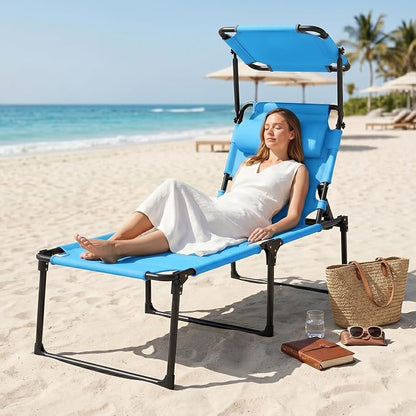 Outsunny Outdoor Lounge Chair, Adjustable Backrest Folding Chaise Lounge, Cushioned Tanning Chair with Sunshade Roof & Pillow Headrest for Beach, Camping, Hiking, Light Blue
