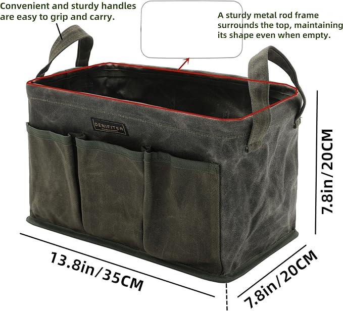 Tool Bag for Organizing, Waxed Canvas Wide Open Top Tool Tote Bag with 6 External Pockets, 13.8 x 7.8 x 7.8 Inches (ArmyGreen)