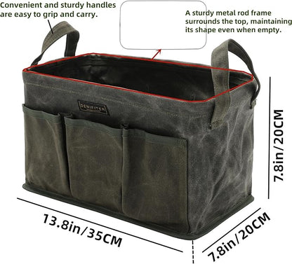 Tool Bag for Organizing, Waxed Canvas Wide Open Top Tool Tote Bag with 6 External Pockets, 13.8 x 7.8 x 7.8 Inches 3-Pack (ArmyGreen)